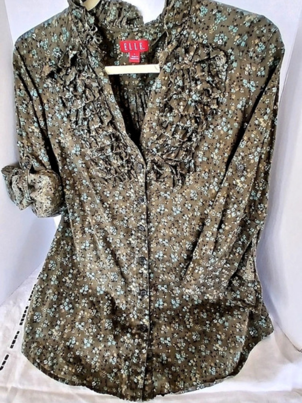 ELLE Floral Ruffle Blouse in Brown & Blue Large